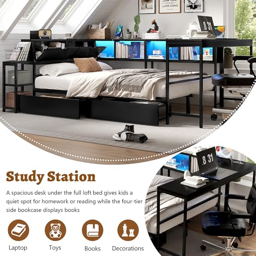 HRVEOCEI Corner Bed Frame Full with Storage Bookshelf & Desk, U-Shaped Daybed Frame with 2 Drawers, Metal Corner Beds with Charging Station & LED Lights for Bedroom, Flip Left or Right (Black, Full) - color: Black, size: Full