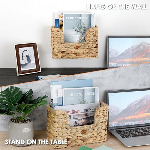 BTSKY Woven Hanging Magazine Holder, Water Hyacinth Magazine Basket, Wall Mounted Storage Basket for Books & Files, Wall File Organizer Magazine Rack with Handle for Home & Office - 11.8x4.3x7.9 Inch