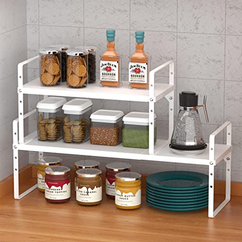 Expandable Kitchen Cabinet Storage Shelf, Stackable Metal Pantry Storage Shelves Organizer, Adjustable Height Counter Spice Rack for Kitchen Cabinet, Countertop, Pantry and Office - color: White-2pack, size: Large - L16.5-27'' * W10.2'' * H9.6''