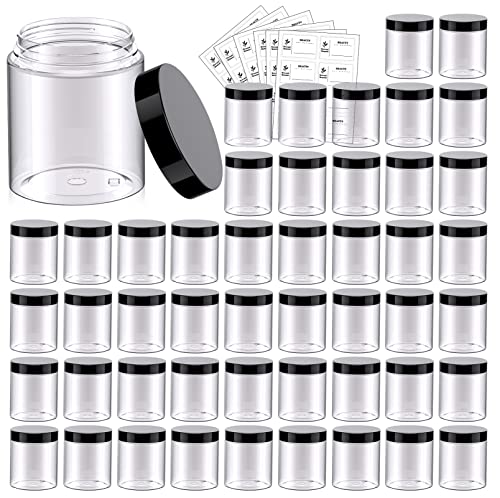 48 Pack 8 OZ Plastic Jars Round Clear Cosmetic Container Jars with Lids, Eternal Moment Plastic Slime Jars for Lotion, Cream, Ointments, Makeup, Eye shadow, Rhinestone, Samples, Pot, Travel Storage - color: Black Lid, size: 8 Ounce