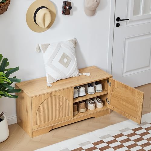 BERRYMERRY 39.4" Fluted Shoe Storage Bench for Entryway,2 Tier Shoe Cabinet Bench with Adjustable Shelf,Bench for Bedroom End of Bed (Natural, 13.8”D x 39.4”W x 18.5”H) - color: Natural