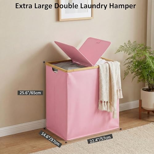 efluky Laundry Hamper with Lid, Double Laundry Hamper with 2 Removable Bags, 2 Section Laundry Basket with Bamboo Handles for Bathroom, Bedroom & Laundry Room (Pink, 140L Dual) - color: Pink, size: 140L Dual