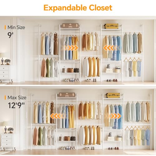 Higeego W5 Wall Mounted Expandable Clothes Rack, 9-12 ft Wide Adjustable Clothing Rack with Extended Rod Closet Organizer System Industrial Pipe Garment Rack for Reach in Closet 1300LB Capacity, White - color: White