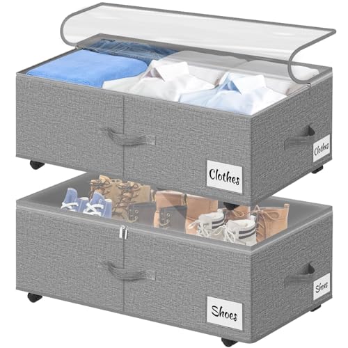 Under Bed Storage with Wheels, 2-Pack 10" Height XXL 60L Rolling Storage Bins, Quick Assembly Underbed Shoe Storage Containers with Clear Lid & Label, Dorm Under bed Drawers for Clothes, Shoes, Grey - color: Grey-2 Pack, size: 9.5 Inch Tall - Clear Lid