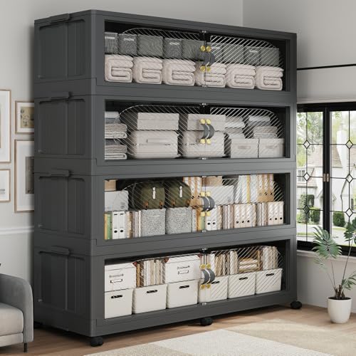 320GAL Plastic Storage Bins with Lid, 1280QT Extra Large Stackable Closet Organizers and Storage, Collapsible Storage Boxes with Wheels, Folding Cabinet for Home Kitchen Office, 4Pack Black - color: 80Gal-Black, style: 4Pack