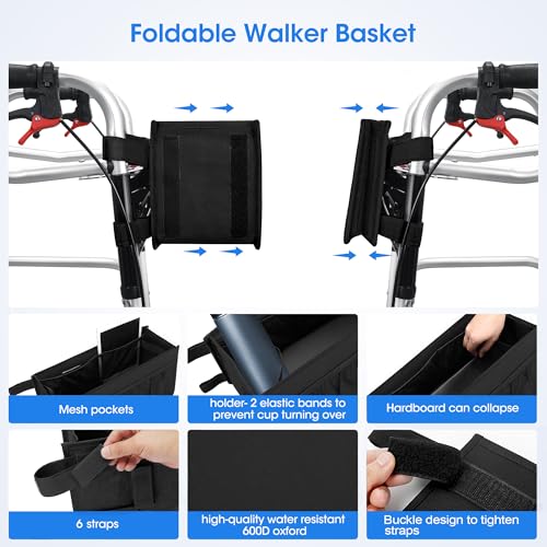 Dotday Upgraded Walker Basket with Cup Holder, Foldable Walker Bag with Large Capacity & Never Tipping Over- Not Fit for Rollator - color: Black