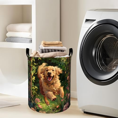 Energetic Running Golden Retriever Laundry Basket with Handles, 19.7"x15.7" Clothes Foldable Laundry Hamper Organizer for Dorm Nursery Bedroom Bathroom Decor, Toy Storage Bin for Kids - style: Golden Retriever61