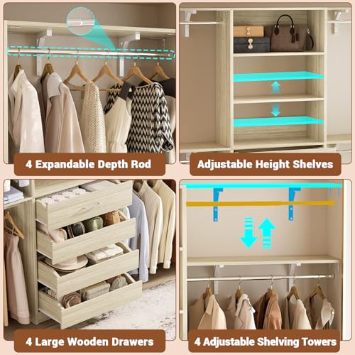 Aheaplus Closet System with Drawers, Wood Closet Organizer System with 4 Hanging Rods & Top Shelves, Walk-in Closets Organizer Wardrobe Clothes Rack, Cut Fits Spaces 4-9FT. Wide, White Oak - color: White Oak-1Set