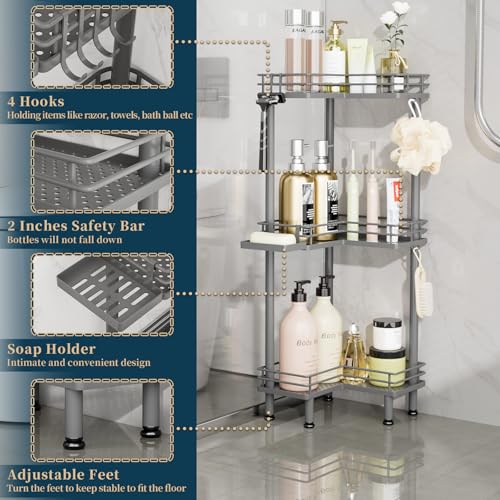 Consumest Corner Shower Caddy Standing - 3-Tier Stainless Steel Shower Organizer with Soap Holder and 4 Hooks, Large Capacity Corner Shelf Stand for Bathroom, Rest Room, Grey - color: Grey, size: 3 Tier