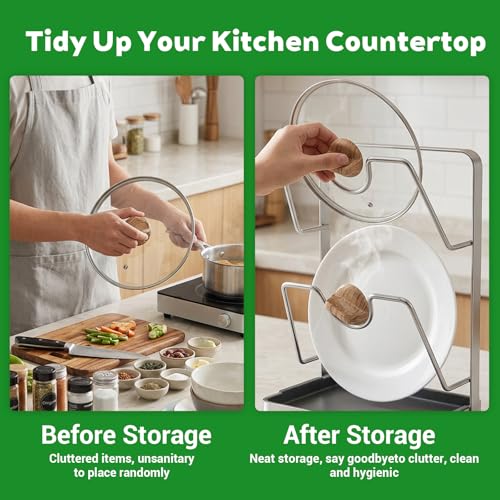 Stainless Steel Pot Lid Organizer, Double-Layer Kitchen Pot Lid Storage Rack with Removable Drip Tray, Countertop Spoon & Utensil Holder for Stovetop (Silver)