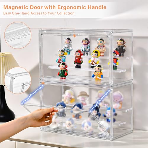 Freebat Clear Acrylic Display Case for Collectibles - 3-Tier Adjustable Figure Display with Magnetic Door & Removable Shelves,Stackable Dispaly box for Figures - 2 Pack - size: 2pack