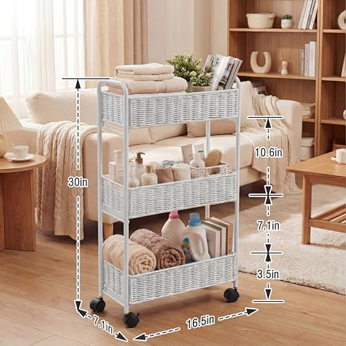 FOCHIER F Utility Slim Storage Cart,3-Tier Rolling Kitchen Office Laundry Room Cart,Mobile Shelving Unit Organizer for Living Room Bathroom Baby Diaper Narrow Places (White, UC-White-7.1inch) - color: White