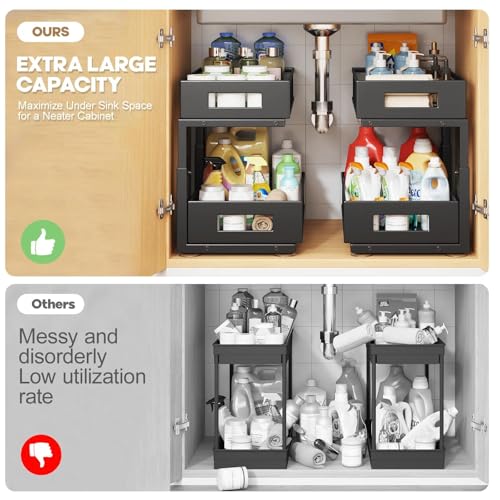 Under Sink Organizer, 2-Tier Dual Pull Out Cabinet Organizer Drawers With Smooth Circular Rail, Large Capacity Metal Mesh Sliding Shelves For Bathroom& Kitchen Storage,Height Adjustable–Black,2 Packs - color: Black, size: 2 Pack-15.9"Dx11.6"-16.7" H