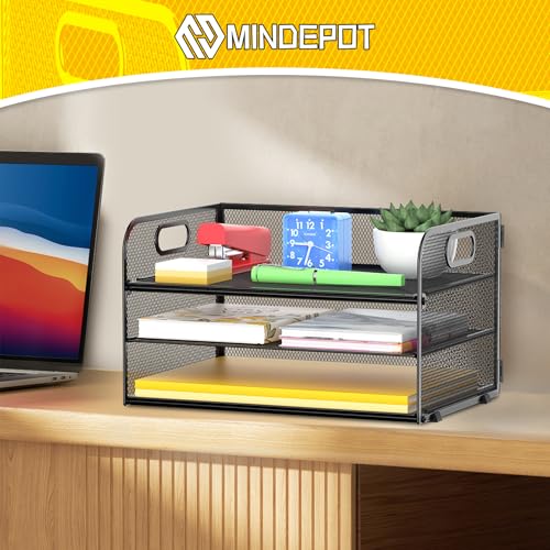 MINDEPOT 3-Tier Paper Letter Organizer Tray with Handle, Mesh Desk File Organizer for Office, Home, School - 2 Pack, Black - size: 2 Pack
