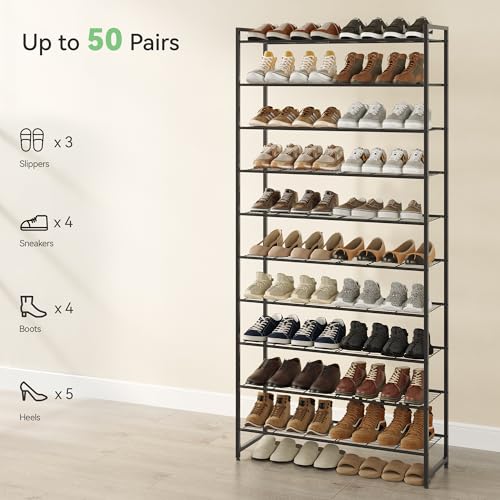 Nunsino Shoe Rack for Closet, Metal Shoe Organizer, 10 Tier Garage Shoe Rack Max Holds 50 Pairs,Shoe Storage Shelf,Entryway, Black - color: Black, size: 10 Tier