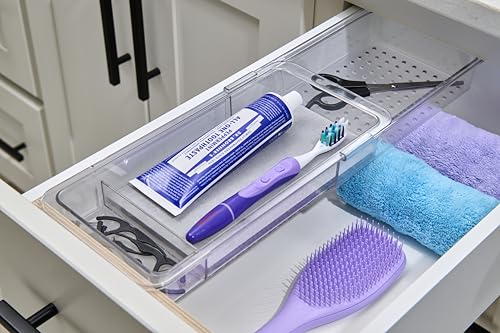 madesmart Expandable Dental Tray Drawer Organizer with Drying Stone, Clear Plastic Organizer for Toothbrush, Dental Floss, Water Flosser, Mouthwash - size: Expandable