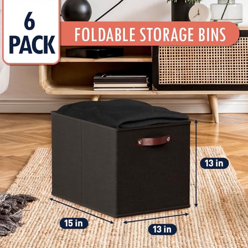 Ornavo Home 13 x 15 x 13 Kallax Storage Cube Bins, Foldable Collapsible Fabric Storage Bins Box Linen Shelf Basket Cube Organizer for Closet with Leather Handles, 6 Pack, Black - color: Black, size: Kallax - 13 x 15 x 13