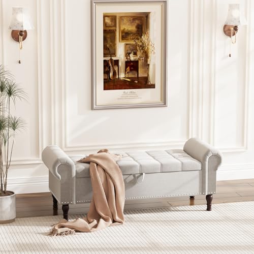 Apicizon 51” Bench with Storage, Upholstered Tufted Button Bedroom Bench with Storage, Linen Ottoman Bench for Bedroom, Living Room, Entryway, Light Gray - color: Light Gray, size: 51 Inches