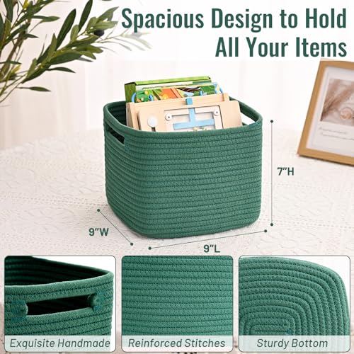 3 Pack Cube Storage Bin, 9”x9”x7” Cotton Rope Woven Baskets for Organizing Toys Clothes Towels, Square Gift Storage Baskets for Shelves, Nursery, Closet, Bathroom, Pantry (Green) - color: Green, size: 9" x 9" x 7"