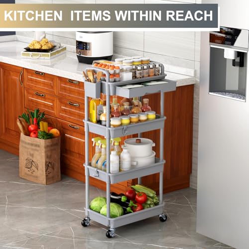 Goovilla 4 Tier Rolling Utility Cart Organizer with Removable Drawer, Stable and Sturdy Grey Rolling Storage Carts with 2 Lockable Wheels for Bathroom, Kitchen, Snack, Craft, Makeup, Baby Essentials - size: 4 Tier, style: Gray