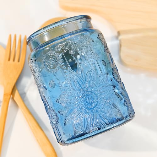 Custde Glass Storage Jars With Airtight Lid, 35oz Canister For Kitchen Counter with Bamboo Lid, brown sugar, candy, coffee, cookie, salt, tea,pantry cute Jar (Blue, 35 fl oz) - color: Blue, size: 35 fl oz