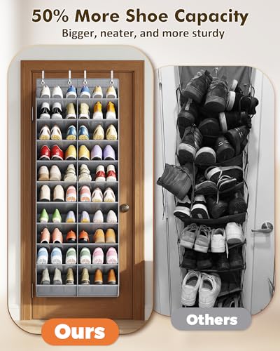 30 Pairs over the Door Shoe Organizer, 10 Tiers Shoe Rack for Door with Wider & Deeper Pockets (Fit Men's Size 14), Hanging Shoe Holder Storage for Closet, Bedroom, Bathroom, Dark Gray - color: Dark Gray