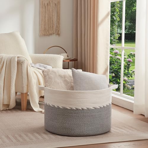 OIAHOMY 125L Extra Large Blanket Basket, 25" x 16", Jumbo Laundry Hamper, Cotton Rope Basket with Handles for Living Room,Baby Toy Basket for Storage, Grey - color: Grey, size: 25" x 25" x 16"