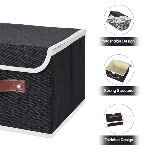 ANMINY 2PCS Storage Bins with Lid PU Leather Handles Storage Boxes PP Plastic Board Decorative Foldable Lidded Cotton Linen Fabric Home Cubes Baskets Closet Organizer Containers - Black, Small Size - color: Black, size: Small (Pack of 2)
