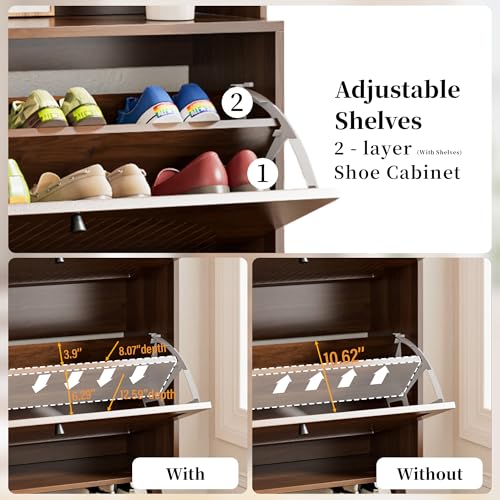 Fsbecl Shoe Cabinet for Entryway with 2 Flip Drawers & Coat Rack, Narrow Hidden Shoe Storage Cabinet with Fluted Panel, 2-in-1 Hall Tree Slim Freestanding Shoe Rack Organizer for Hallway, Walnut - color: Walnut- Double Layer With Rack
