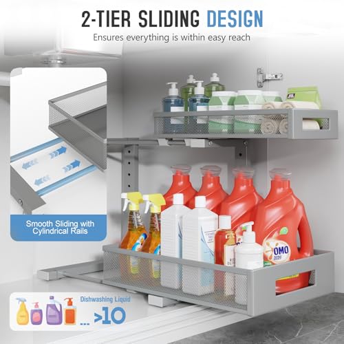 2-Pack Under Sink Storage Organizer, Large 2-Tier Elegant Mesh Pull Out Shelf for Kitchen and Bathroom Cabinet Organization, L-Shaped and Adjustable Height Design-Gun Gray - color: Gun Gray, size: 2 Pack-15.74"Dx11.4"-16.14"H