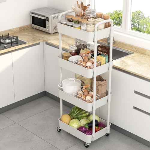Sywhitta 4-Tier Plastic Rolling Utility Cart with Handle, Multi-Functional Storage Trolley for Office, Living Room, Kitchen, Movable Storage Organizer with Wheels, White - color: White, size: 4-tier
