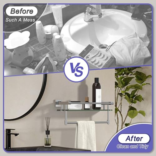 Glass Shelf for Bathroom 16 in Bathroom Shelves with Towel Bar Tempered Glass Shelves with Stainless Steel Towel Holder for Wall (Chrome Polished) - color: Chrome Polished, size: 16-inch with Railing