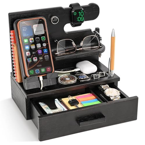 TESLYAR Wood Phone Docking Station with Drawer - Nightstand Organizer - Desk Organizer for Husband - Birthday Gifts for Men, Dad, Anniversary Idea, Key Holder Stand Watch & Accessories (Fumed Black) - color: Fumed Black