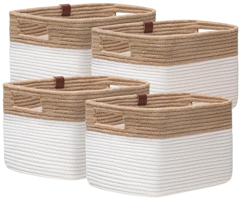 UBBCARE 4 Pack Baskets for Organizing, Woven Storage Baskets with Label for Toys and Towel, Rectangle Cotton Rope Basket with Handles, 14''L x9''W x8''H, Jute&White - color: Jute&White, size: 4 Pack - 14 X 8 X 9 Inches