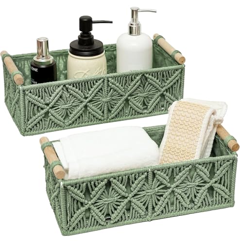 HOSROOME Macrame Boho Decor Baskets for Organizing Woven Decorative Basket for Countertop Toilet Paper Basket for Tank Top for Home Decor Bedroom Nursery Livingroom Entryway (Set of 2,Green) - color: green