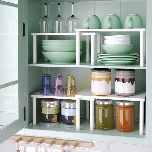 VERTORGAN Cabinet Organizer Shelf(Set of 2),Kitchen Counter Shelves,Bamboo Spice Rack Countertop and Cabinet,Stackable Expandable,Medium,(White) - color: White, size: 11.8"W
