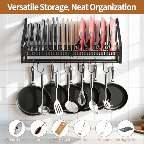 Housolution Pan Rack Wall Mounted, 24.8" Vertical Lid Organizer with 14 Adjustable Dividers, Heavy Duty Hanging Cookware Holder Hanger with 6 S-Hooks & 6 Vertical Hooks - color: Black, 1 Tier