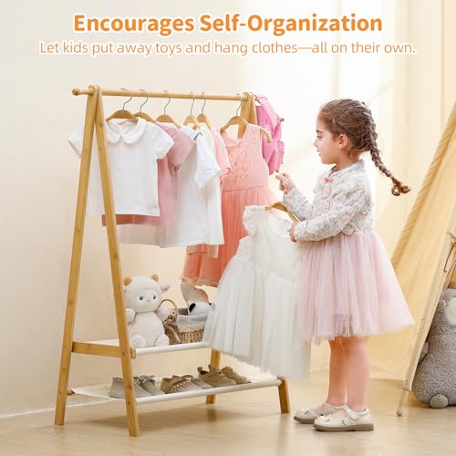 Foldable Kids Clothing Rack - Dress Up Storage with 2 Fabric Shelves, Bamboo Small Clothes Rack for Hanging Organizer, Kids Costume Wardrobe & Dress Up Rack for Bedroom, Playroom, Nursery (Natural)