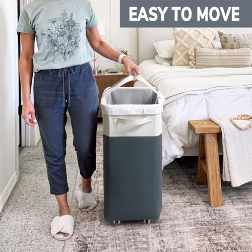 Goodpick Laundry Baskets 2-Pack, 75L Hamper with Wheels, Foldable Laundry Baskets with Removable Wash Bags, Rolling Laundry Hamper for Corner Dorm, Slim Laundry Basket, Grey&White - color: Grey & White 2-Pack