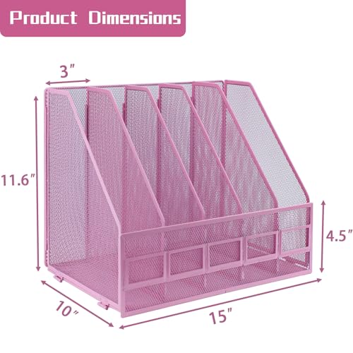 Desk Organizers, Metal Magazine File Holder with 5 Vertical Compartments Rack Binder File Organizer for Office Supplies, Home Workspace - Pink - color: Pink, size: 5 Compartments