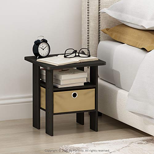 Furinno ANDREY Side Table, End Table, Night Stand with Open Shelves and Storage Bin, Bedside Table, for Living Room, Bedroom, Espresso - color: Espresso/Brown, size: 1-Pack, Center Bin