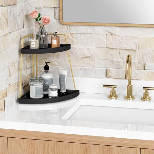 Forbena Black and Gold Corner Bathroom Counter Organizer, Modern Kitchen Countertop Shelf Organizer for Sink, Two Tier Makeup Vanity Storage Holder Tray for Table Top Skincare Perfume Decor - color: Black-gold