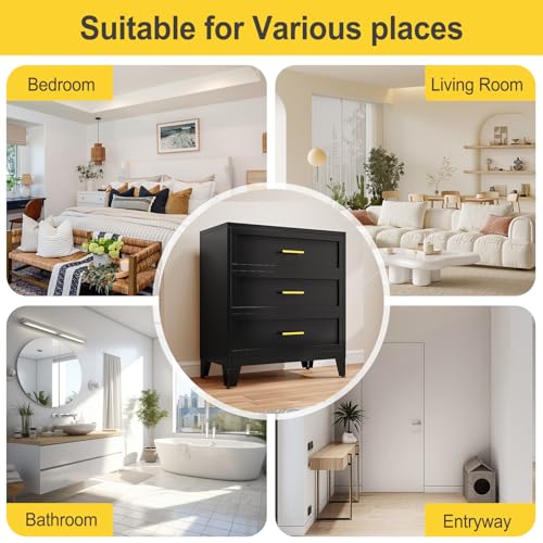 34.25" Tall Metal Dresser for Bedroom, 3 Drawer Black File Cabinet with Gold Handles, Dressers Chests with Fluted Panel, Vertical Drawer Storage Cabinet for Living Room, Entryway, Hallway - color: Black, style: Wide Style/3 Drawers