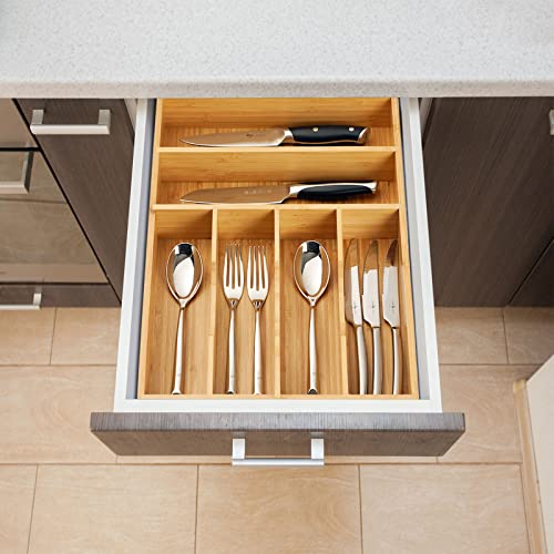 Umilife Kitchen Drawer Organizer, 12 Inch Silverware Utensil Tray Holder, Extra Deep, with Non-Slip Feet & Grooved Drawer Divider, 6 Slots Total Bamboo Wood Caddy for Flatware Cutlery Knives - size: 12 x 17 inch (6 Slots)