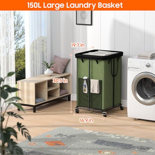 150L Laundry Hamper with Wheels, Rolling Laundry Basket with Metal Frame and Removable Bag, Large & Tall Dirty Clothes Hampers for Bedroom Aesthetic, Laundry Room, Bathroom, Dorm-Green - color: Green, size: 40GAL