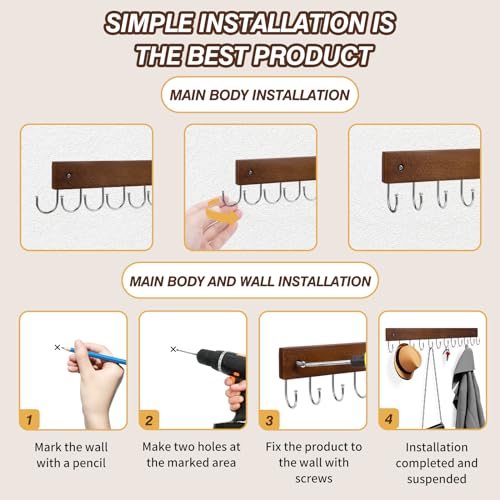 UNIFUN Wall Mounted Key Hooks, 12 Hook Organizer Rack for Entryway, Kitchen, Bathroom, Heavy Duty Key Holder Hanger, Brown Wood Finish, 2 Pack - size: 2 Pack