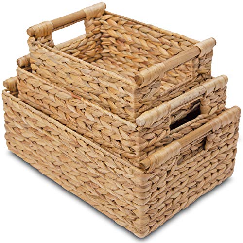 VATIMA Hyacinth Wicker Basket Set 3 size - Rectangular, Wooden Handles, Shelf Organizer, Natural Bins - color: Water Hyacinth, size: Set of 3 (Small, Medium, Large)