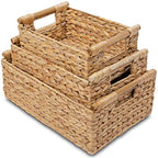 VATIMA Hyacinth Wicker Basket Set 3 size - Rectangular, Wooden Handles, Shelf Organizer, Natural Bins - color: Water Hyacinth, size: Set of 3 (Small, Medium, Large)