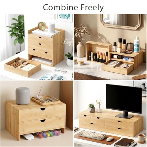 Desk Organizer with Drawers - Bamboo Desktop Organizer Storage | Wood Desk Drawers Organizer for Bills, Office Supplies, Cosmetics, Seals No Assembly Required - color: Nature-S1X2, size: 13"L x 9.84x 7.08"H