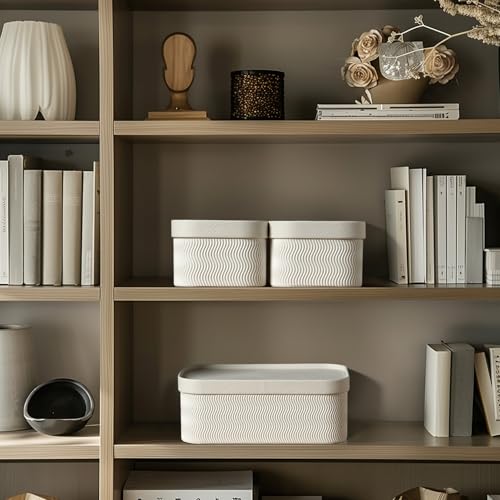 LA JOLIE MUSE Fluted Cardboard Storage Baskets with Leather-Like Lids, Paper Boxes Decorative Tray, Modern Basket Organizer Bins for Organizing,Eggshell White - color: Eggshell White
